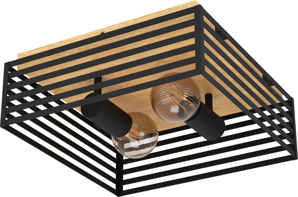 EGLO Deckenlampe Cidraz, quadratische Deckenleuchte, Wohnzimmerlampe aus Eiche und Metall in schwarz, Holz Lampe für Wohnzimmer und Flur, E27