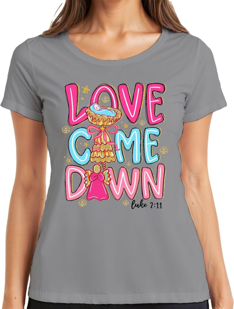 Love Come Down Jesus Krippe Engel Weihnachten Glitzer Pastell Damen T-Shirt, Grau, XL