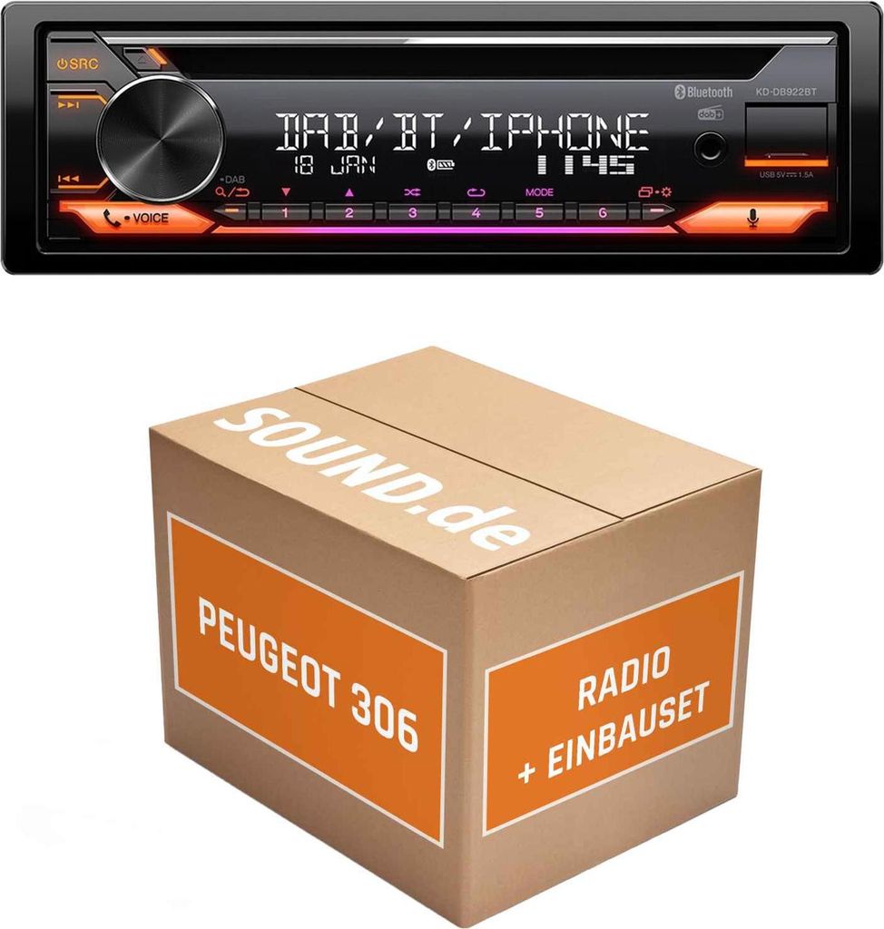 Autoradio Einbaupaket JVC KD-DB922BT passend für Peugeot 306 | Bluetooth Telefonieren Audiostreaming