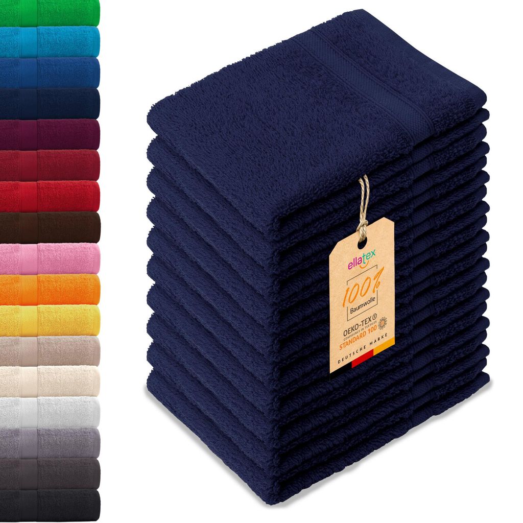 10er Pack EllaTex Gästehandtücher 30x50 cm 100% Baumwolle, 500 g/m² Handtücher Set weich saugstark Serie Paris, in Farbe: Navy