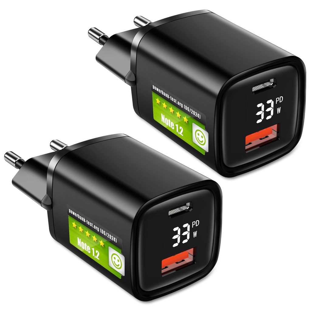 Eaxus USB A + USB C Ladegerät mit Display - 2 Port 33W USB Netzteil mit Power Delivery / QC4.0 & Schnellladefunktion, Schwarz, 2er Set
