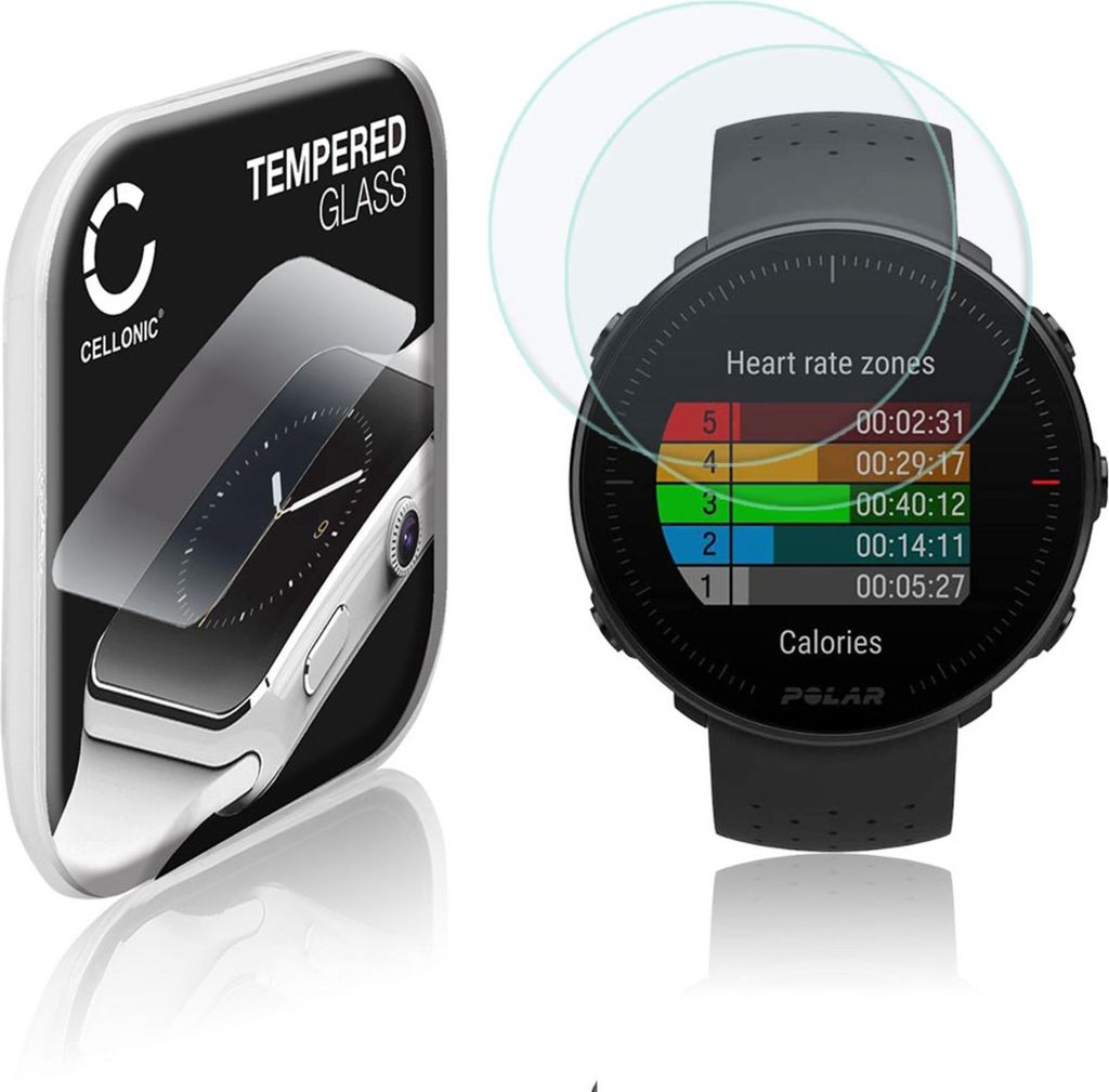 2x CELLONIC 9H Display Schutzglas für Polar Vantage M Smartwatch, 2.5D Full Glue Screen Protector Glass, Fitness Tracker Displayschutz Glas schwar...