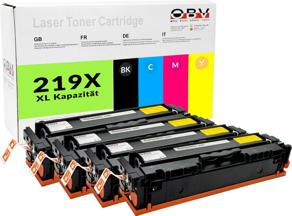 A set of four toner cartridges and their packaging.