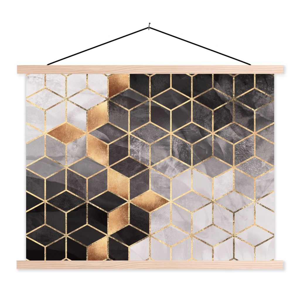 MuchoWow Textilposter Abstrakt - Würfel - Gold - Muster - Schwarz - Weiß 40x30 cm mit holzfarbenen Rahmen - Bilder