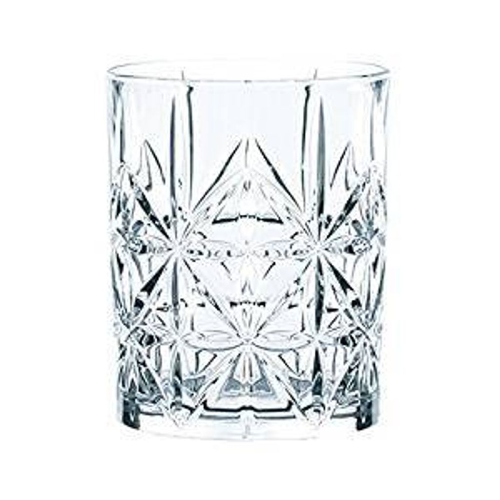 A clear, professional studio shot of a single crystal whisky glass against a white background.