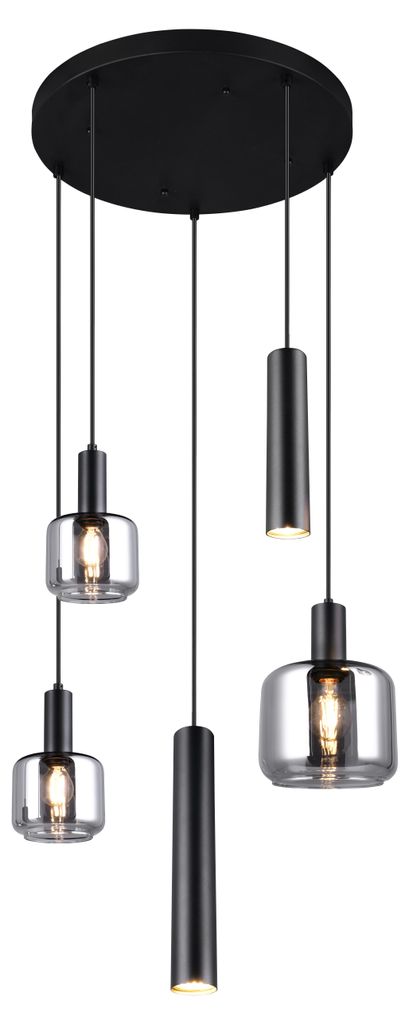 Suspension MATARO noire et chromée, 5 x E27 x 10 W, métal, Image du produit 