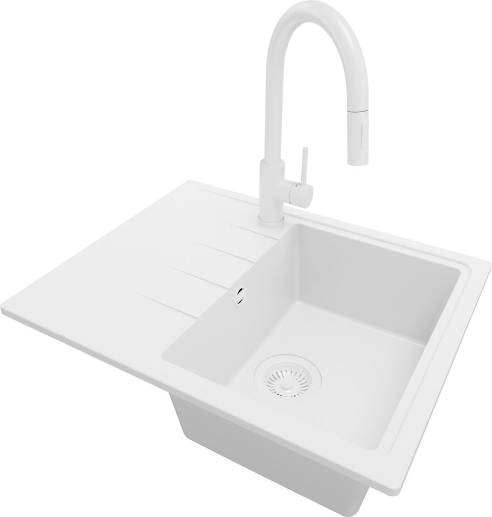 PRIMAGRAN Granitspüle Alles Weiß 62x50cm, Spülbecken 1 Becken + Küchenarmatur 40x20cm + Ablauf-Set, Küchenspüle ab 40er Unterschrank - Mailand