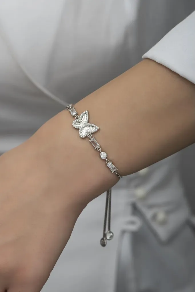 Bracelet femme argent 925 fermoir coulissant et papillon en zircones