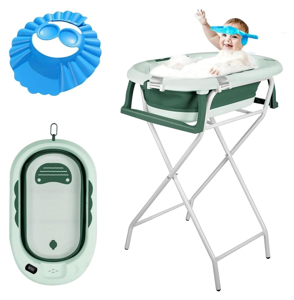 XXL-Baby-Badewanne, faltbar, auf Fuß, Kinderbadewanne mit Kissen, Wasserthermometer und Spülung, 82 x 42 x 22 cm (grün)