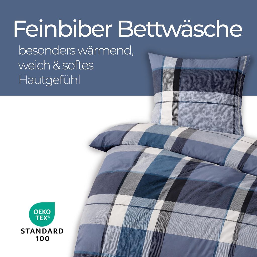 Feinbiber Bettwäsche Blau (Kariert) 2-teilig 155x220/80x80