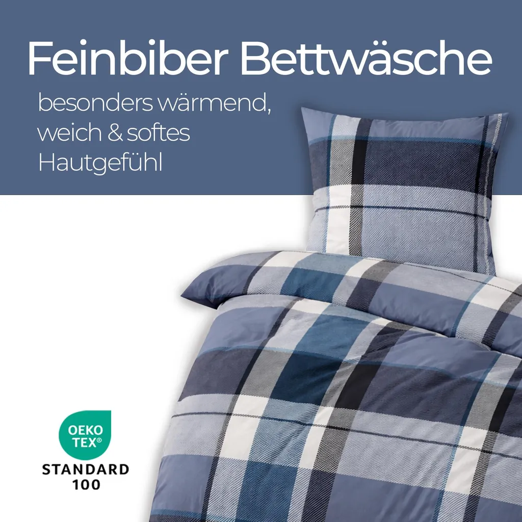 Feinbiber Bettwäsche Blau (Kariert) 2-teilig 135x200/80x80