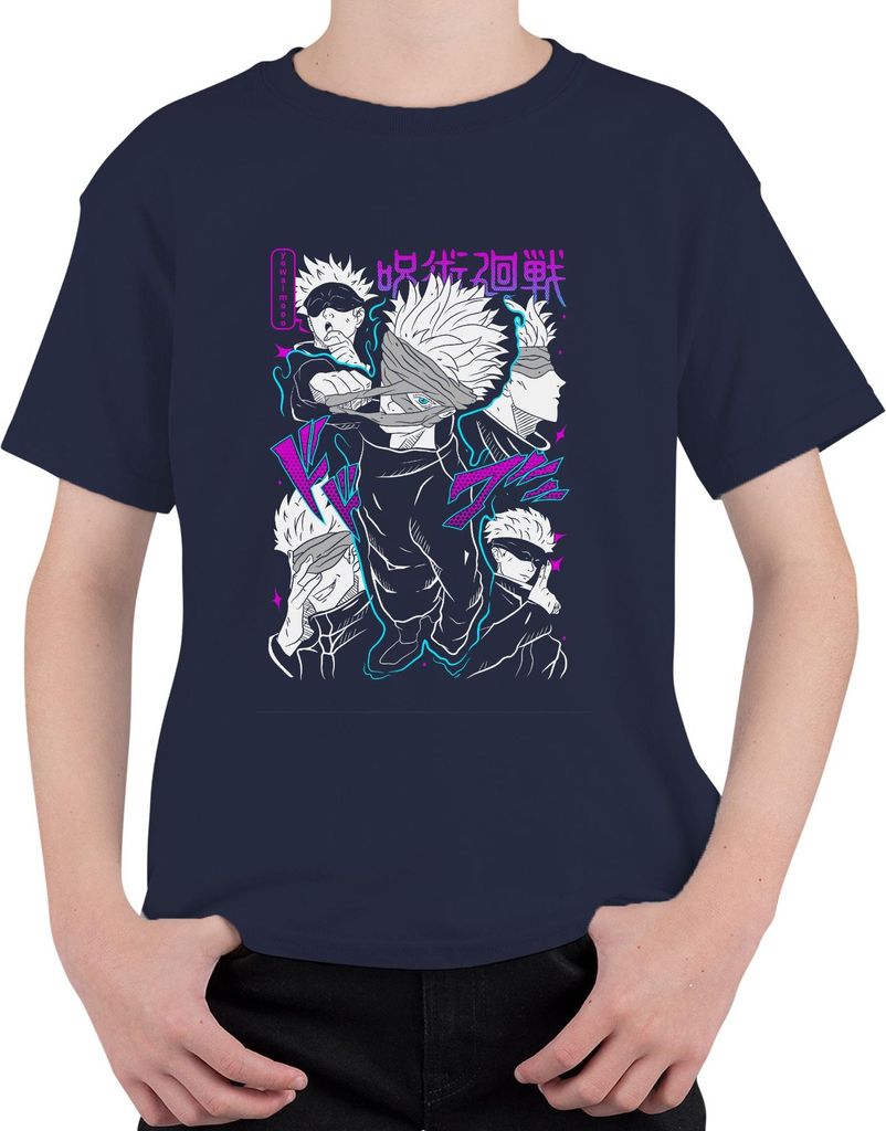 Satoru Gojo Jujutsu Kaisen Anime Manga Augenbinde Geschenk cool Uni Kinder T-Shirt, Navy, 116