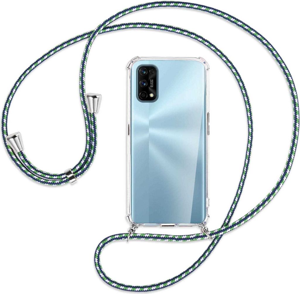 Handykette Backcover-Schutzhülle mit Band (Metall silberfarben) für Realme 7 Pro - grün/blau/weiß