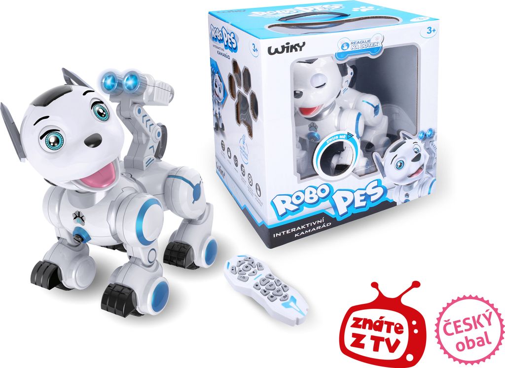 A white robotic dog toy with blue accents, its packaging, and a remote control are displayed on a white background.