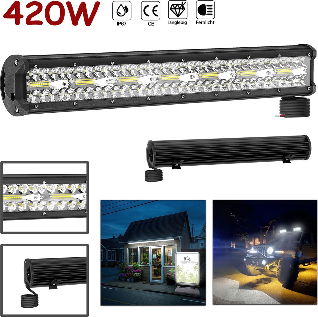 LZQ LED Offroad Arbeitsscheinwerfer Off-Road Scheinwerfer Bar Fernlicht 420W Flutlicht Scheinwerfer Kaltweiß Licht IP67