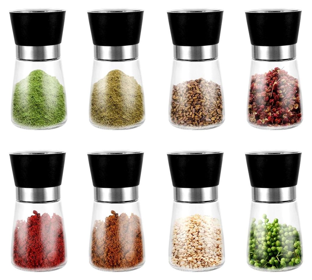 8 Stück Gewürzmühlen - 180 ml Einstellbare Salzmühle - Gewürzmühlen mit Keramikmahlwerk - Schwarze Glas Pfeffermühlen - Mühle für Pfeffer,...