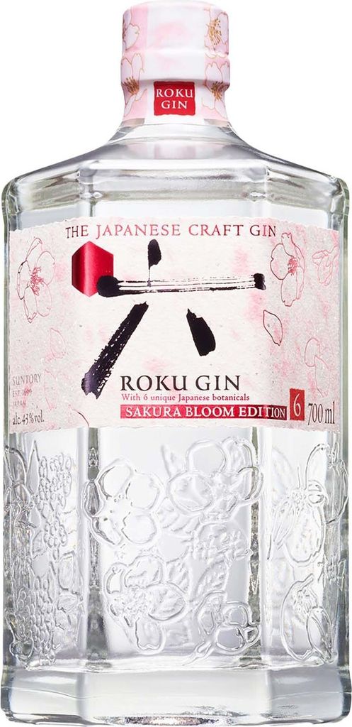 A clear, well-lit studio shot of a bottle of Roku Gin Sakura Bloom Edition.