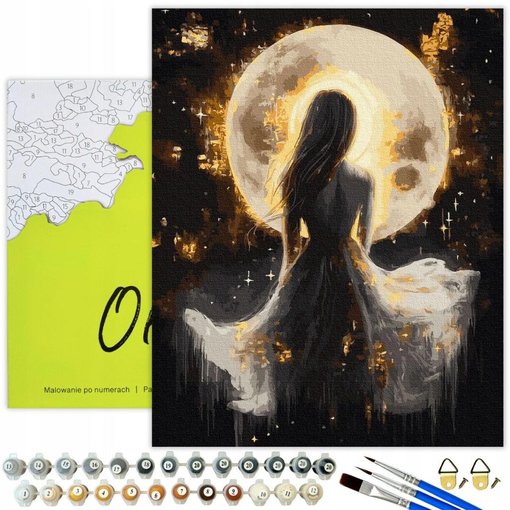 Oh Art! Malen nach Zahlen Erwachsene – „Frau mit Mond“ – 40x50 cm Leinwand mit Rahmen, 24 Acrylfarben inkl. Goldfarbe, 3 Pinseln und Zubeh...