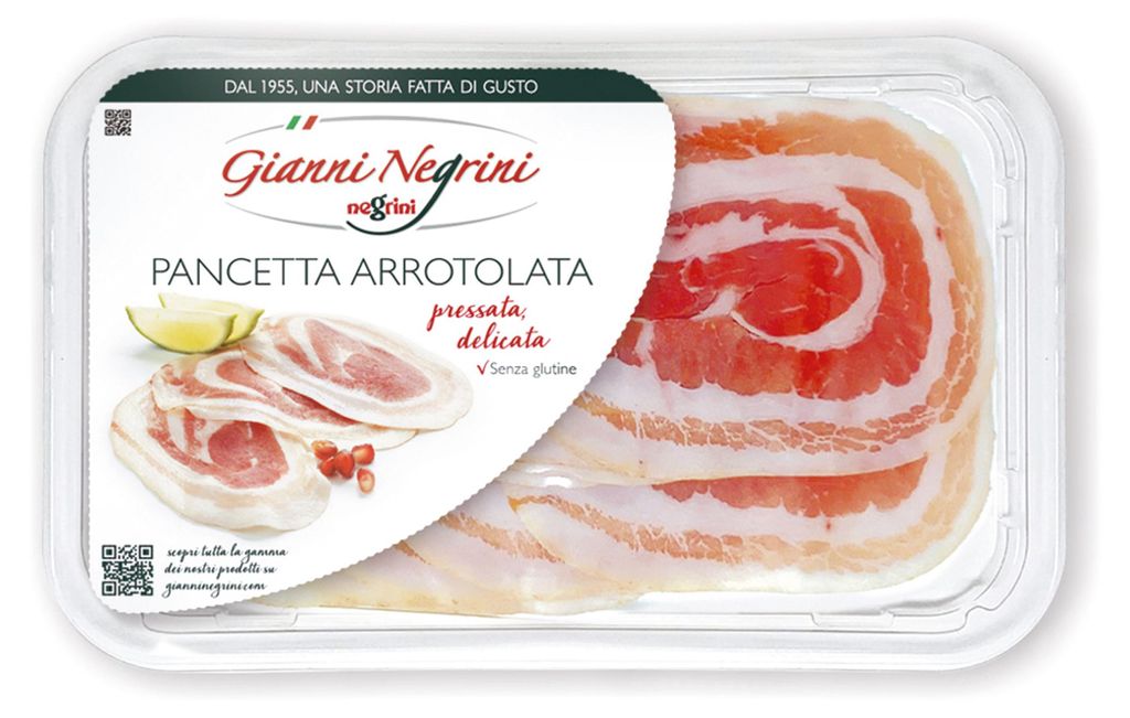 Pancetta roulée, tranchée, 80 g, marque Gianni Negrini Image du produit 
