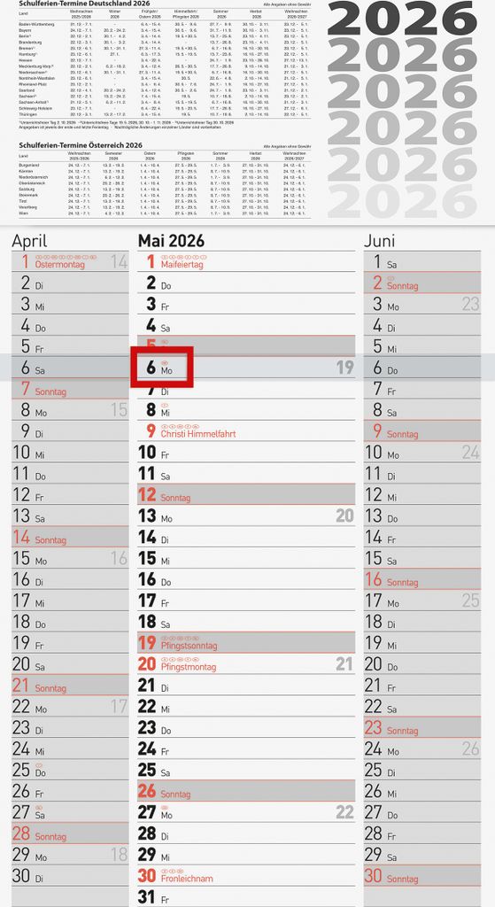 2026 Brunnen 3-Monatskalender grau 300×560 mm 4061947142235