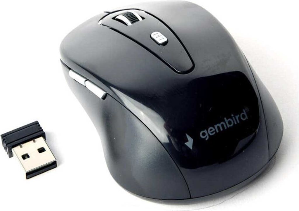 A black wireless computer mouse and its USB receiver are shown on a white background.