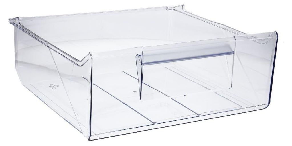 A transparent plastic drawer for a refrigerator or freezer.