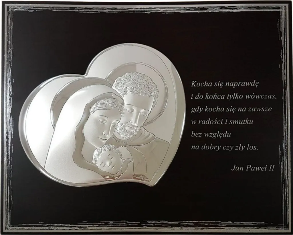Bas-relief Sainte Famille argenté avec citation, cadre moderne 25x20