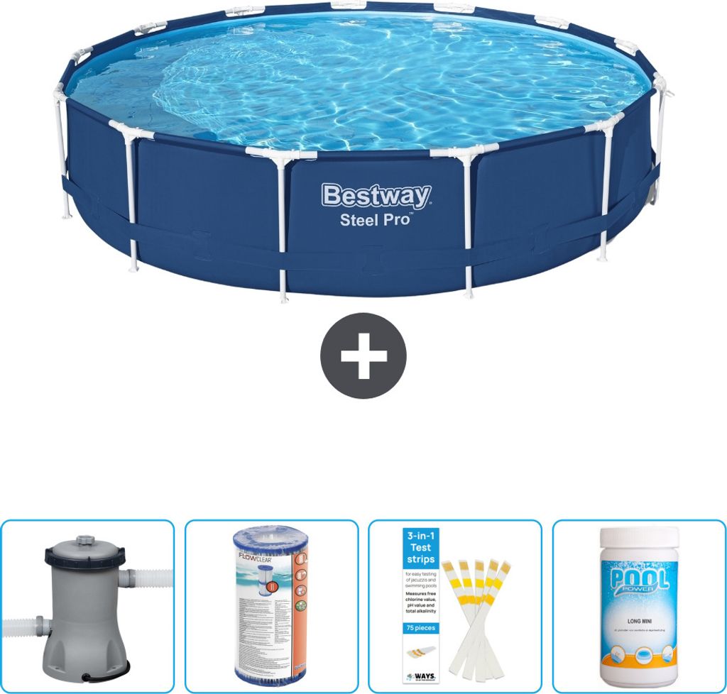 Bestway Round Steel Pro Swimmingpool – 396 x 84 cm – Blau – inklusive Pumpe Filter - Teststreifen - Chlor