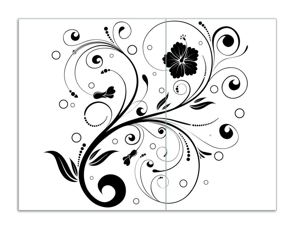 Wallario Herdabdeckplatte aus Glas, Größe 70 x 52 cm 2-teilig, Motiv Schnörkelmuster in schwarz weiß mit Blumen und Kreisen