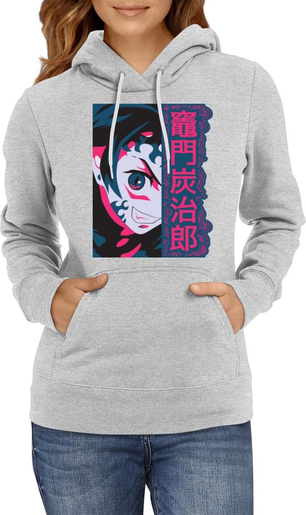 Damen Kapuzenpullover Demon Anime Slayer Kimetsu No Yaiba Tanjiro Demon Face, Lady S / Grau