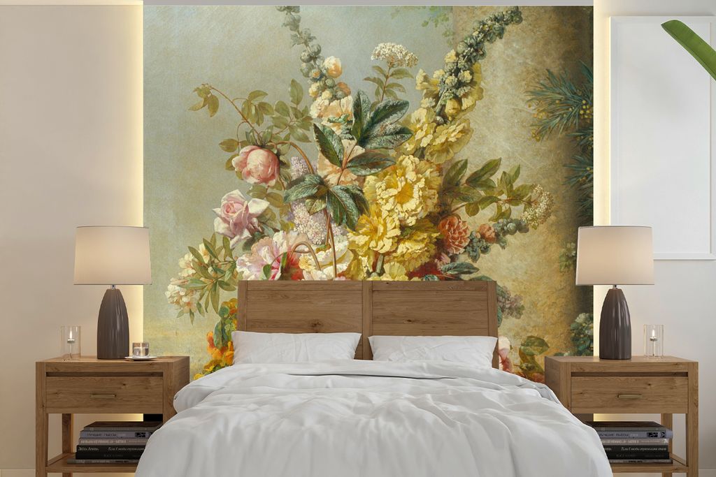 MuchoWow Fototapete für Wohnzimmer oder Schlafzimmer Wandtapete Vinyl Motivtapete Große Vase mit Blumen - Josep Mirabent - Gemälde - 350x350 c...