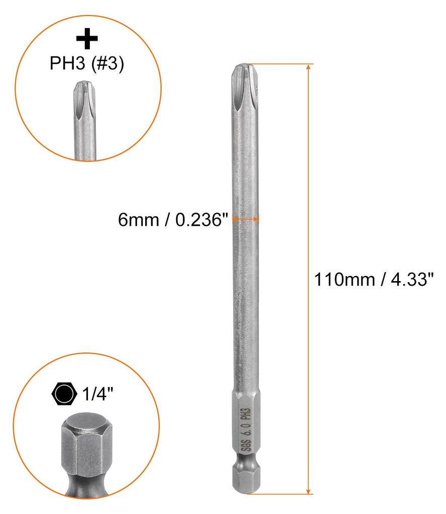 5 Stš¹ck PH3 Phillips Schraubendreher Bit Set mit 1/4" Sechskantschaft, 6mm Stab 110mm Lang Magnetische Kreuzkopf Bitsatz S2 Stahl Bohrer Elektro...
