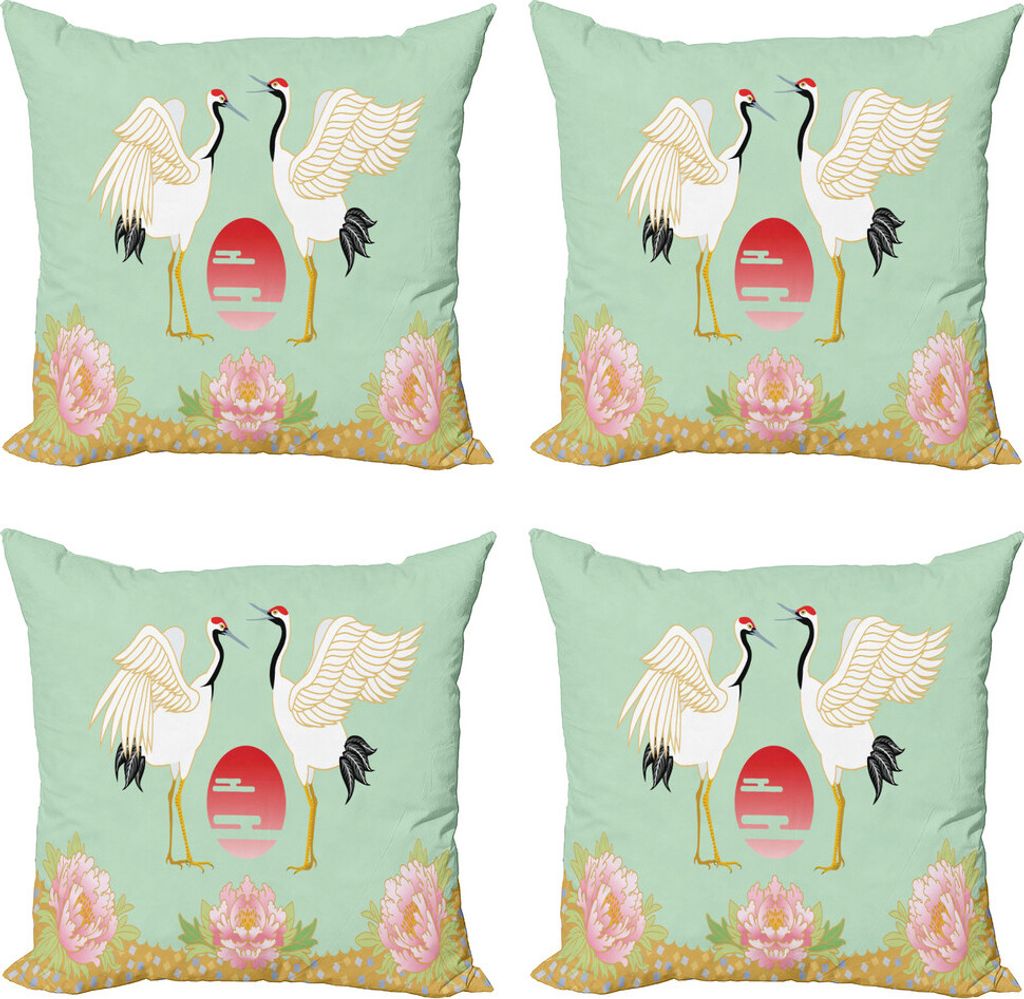 ABAKUHAUS Feder Kissenbezug Set (4 Stück), Japanischer Cranes Sonnenaufgang, Moderner Doppelseitiger Digitaldruck, 45 cm x 45 cm, Mehrfarbig