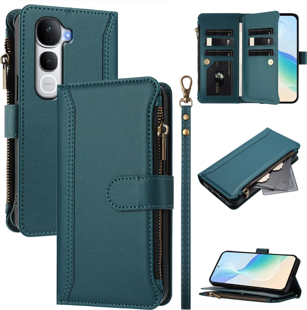 Accessorio Vivo Y400 Pro: Custodia Wallet Verde con Zip e Tasche - 1
