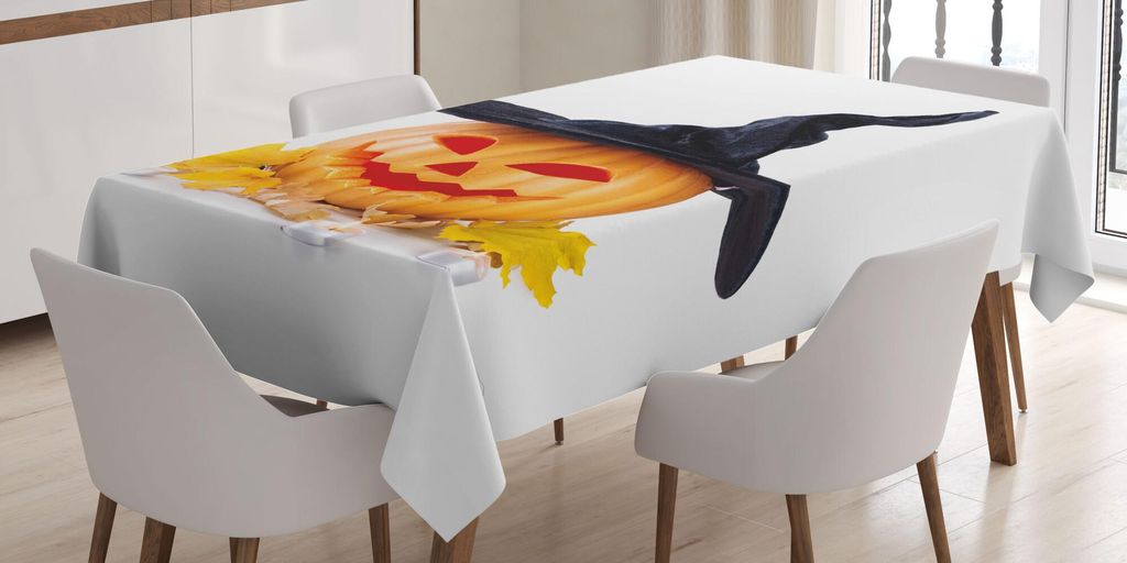 ABAKUHAUS Halloween Tischdecke, Geschnitzter Kürbis mit Hexenhut und Hanging Spinne Thematischen Bild, 140 x 240 cm, Marigold Weiß Dunkelgrau