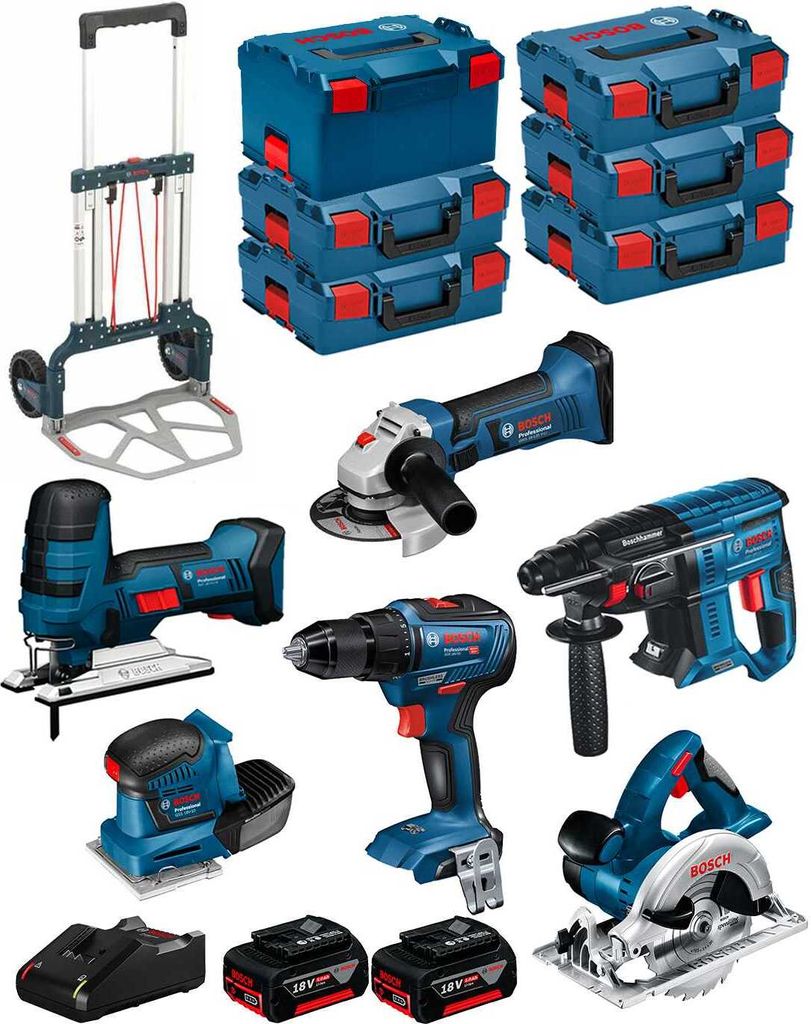 BOSCH Kit 18V BK602 (GST 18V-LIS+GKS 18V-LI+GSS 18V-10+GSR 18V-55+GBH 18V-21+GWS 18-125V-LI+ 2x5,0Ah+GAL18V-40+6xL-Boxx+Caddy)