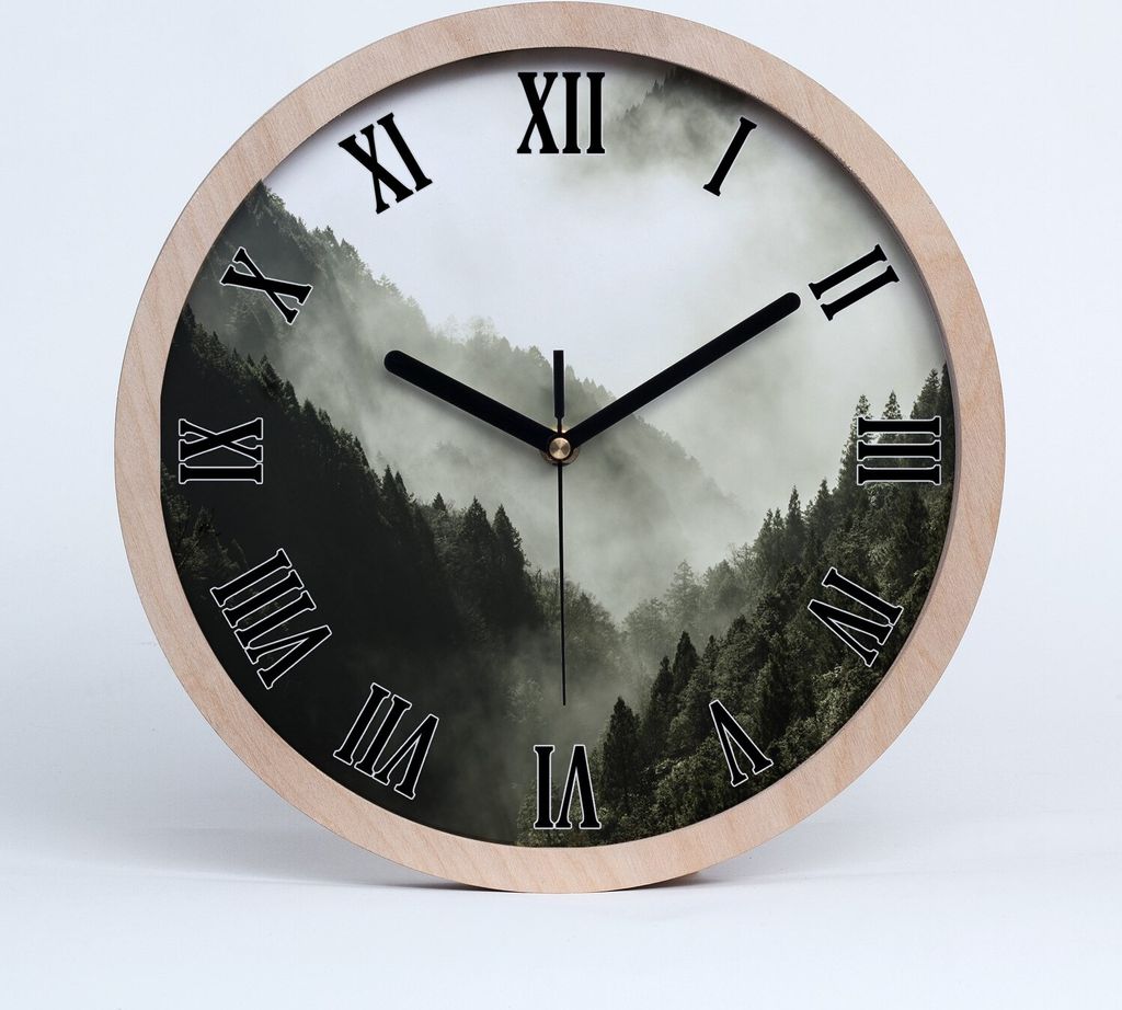 Holzuhr 25fi cm wanduhr - schwarze Spitzen - Nebel in den Wald über