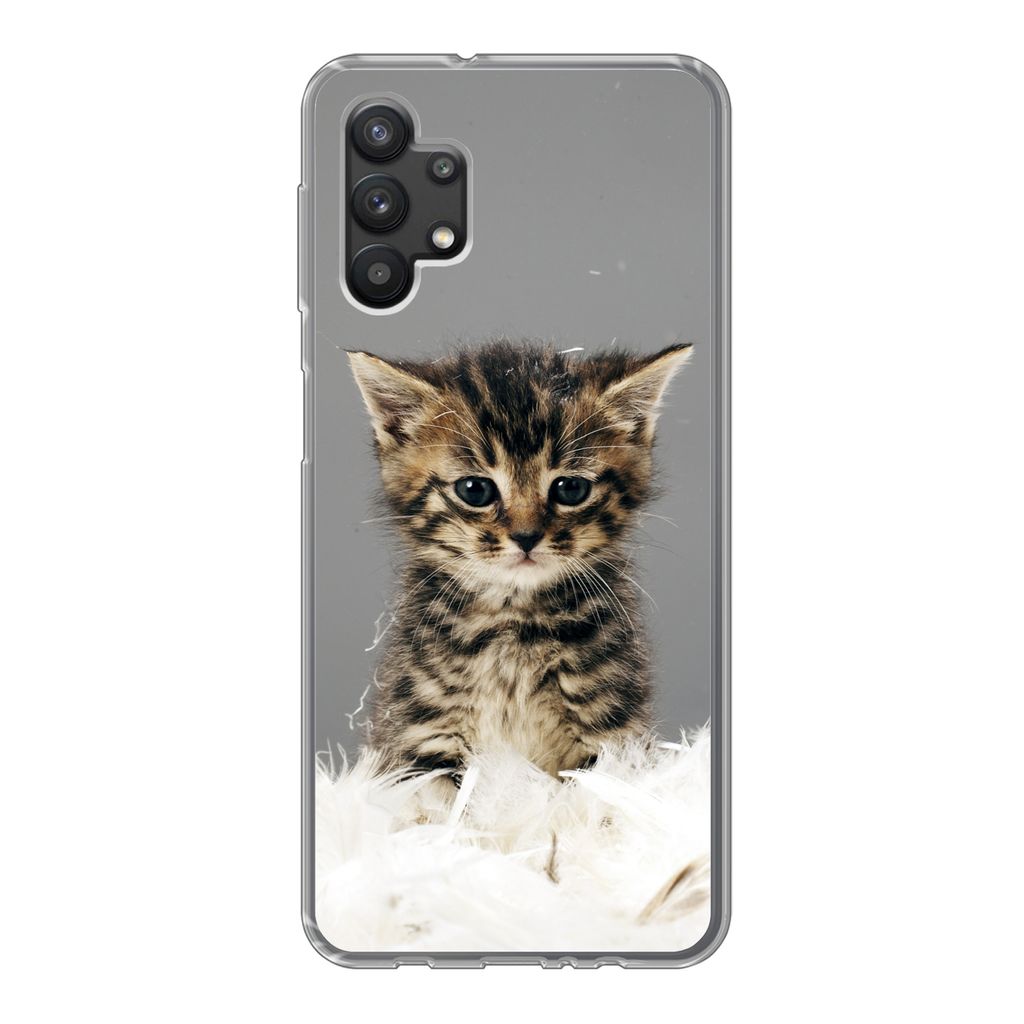 MuchoWow Handyhülle Schutzhülle Hülle für Samsung Galaxy A32 5G Katze - Kätzchen - Federn Silikon Softcase Handy Hülle - Softcase