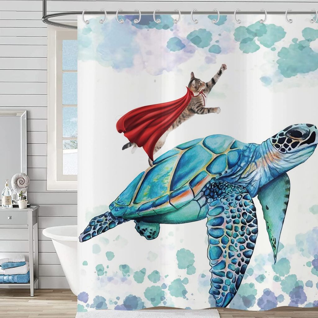 Lustiger Duschvorhang 180x180 cm, Duschvorhang mit Katzenmotiv, Duschvorhang mit türkisfarbenem Meeresschildkröten-Ozean-Unterwassermotiv, wasser...