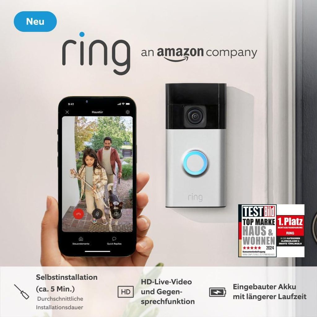 und generalüberholt Ring Akku-Videotürklingel(Batt. Video Doorbell 2024)WLAN-Videotürklingel-Sicherheitskamera,Selbstinstallation(in 5