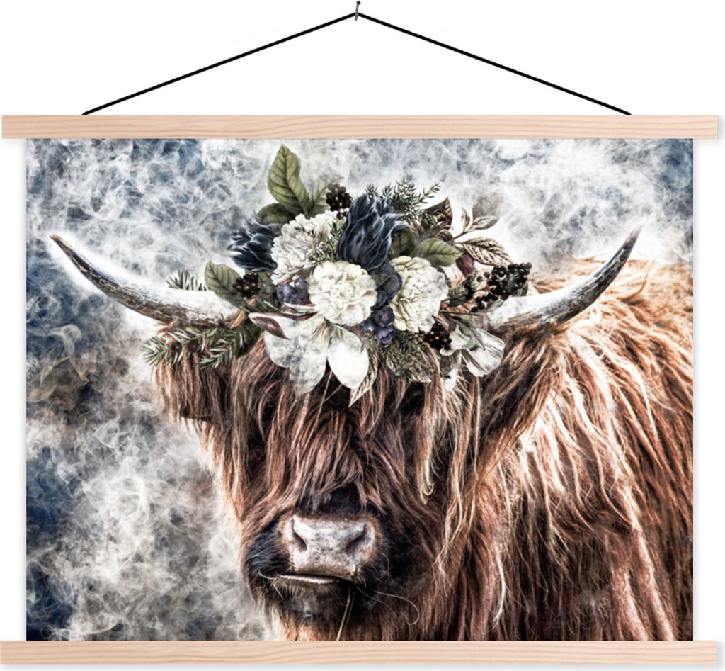 MuchoWow Textilposter Schottisches Hochlandrind - Rauch - Blumen 40x30 cm mit holzfarbenen Rahmen - Bilder