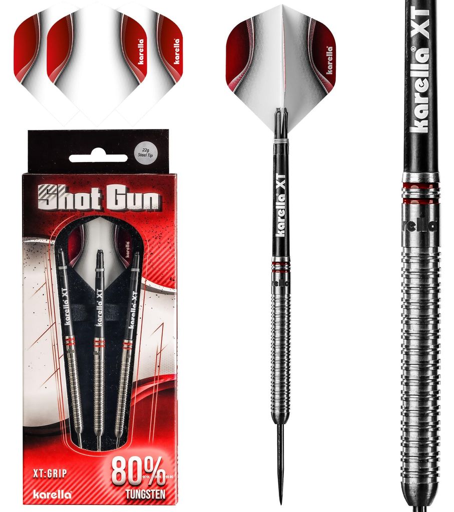 Karella ShotGun 80% Tungsten Steeldart, 22g, für klassische Dartscheibe, 3 Dartpfeile mit Metallspitze, Dartboard, Wolfram, Profidart mit Flight u...