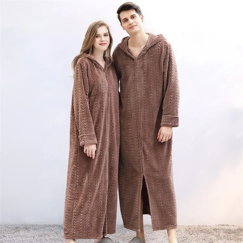 Accappatoio unisex con cappuccio e zip, camicia da notte invernale lunga e calda per la casa e l'esterno, colore: rosso vino, taglia XL
