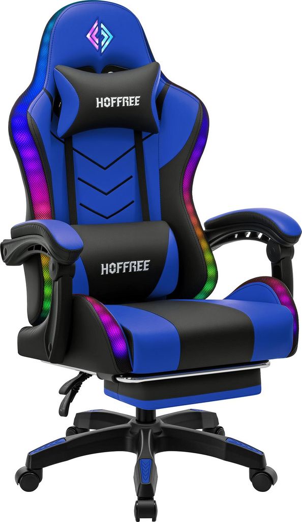 Hoffree Gamingstuhl mit RGB LED & Bluetooth, ergonomischer Computerstuhl mit Massagefunktion, Fußstütze & 180° Liegefunktion, Blau