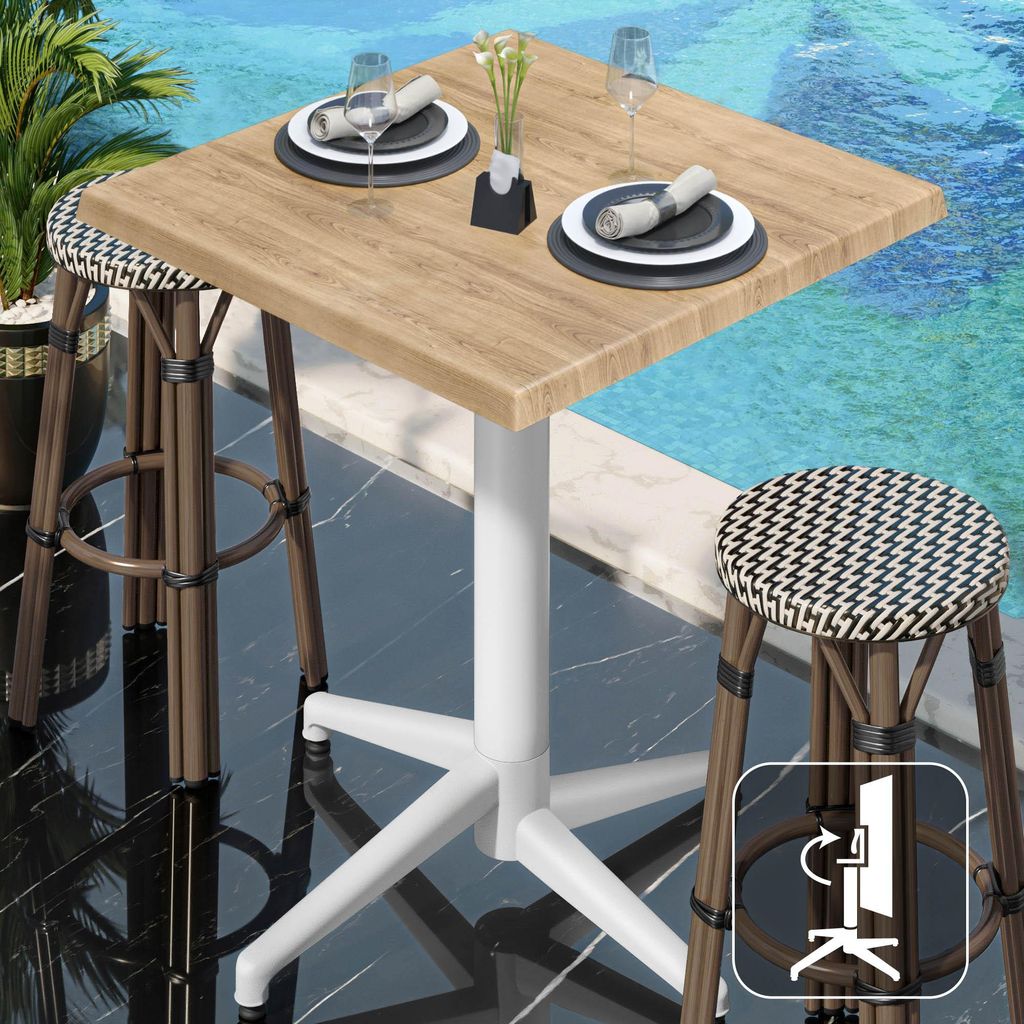 WAP | Bistro Außen Stehtisch | B:T:H 60 x 60 x 109 cm | Eiche / Weiß | Quadratisch | Klappbar | Bistro Stehtisch Gastro Tisch