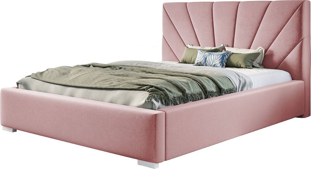 Polsterbett Denver mit Kopfteil, 140x200 cm, Doppelbett mit Bettkasten und Lattenrost aus Metal, Velourstoff, Farbe: Rosa