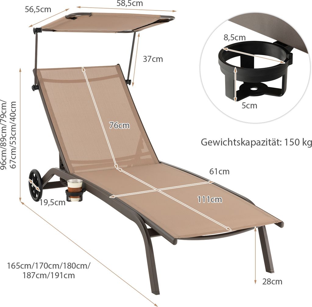 COSTWAY Sonnenliege mit Rollen, Dach und Getränkehalter, Produktbild 7
