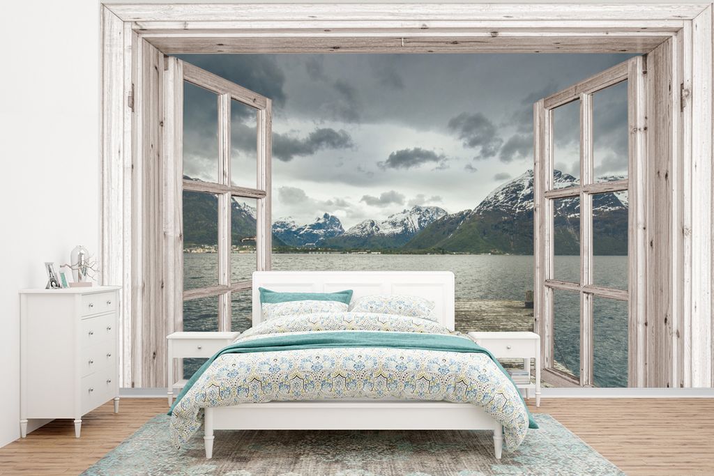 MuchoWow Fototapete für Wohnzimmer oder Schlafzimmer Wandtapete Vinyl Motivtapete Aussicht - Berg - Gerüst - 350x260 cm - Wohnzimmer-Tapete