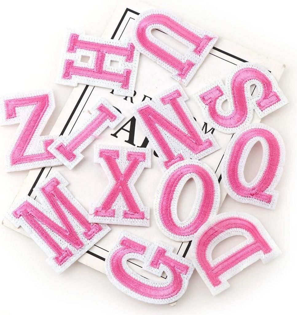 Buchstaben-Emblem-Aufnäher zum Aufbügeln mit Alphabet, rosa und weiß