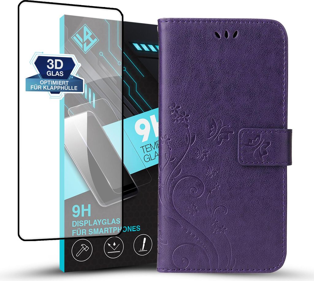 Handyhülle für Xiaomi Redmi Note 14 Pro 5G / 14 Pro+ 5G mit 9H Displayglas Floral Blumen Schmetterling Flip Cover Hülle Case Klapphülle Handyta...
